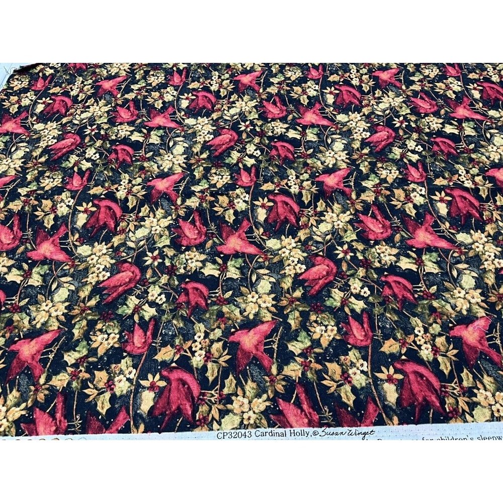 Fabric - Susan Winget  "CARDINAL HOLLY"  Birds, 100% Cotton - 1.50 Yards - NEW